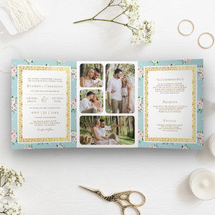 Convite Com Dobra Tripla Azul Rosa Floral Tudo em Um Casamento Indiano Dour