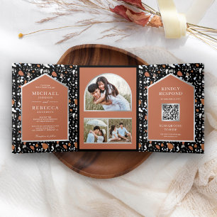 Convite Com Dobra Tripla Azulejo de Terracota Preto Terrazzo Código QR Casa