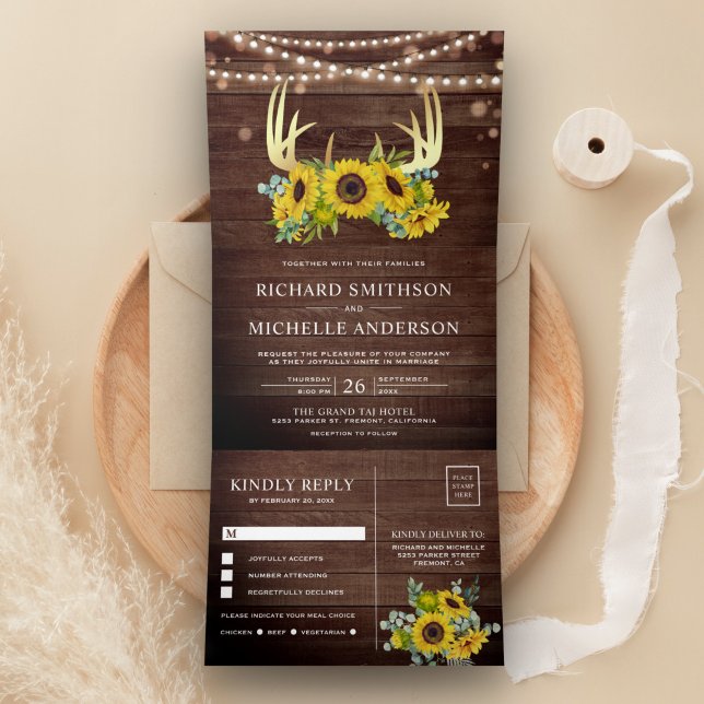 Convite Com Dobra Tripla Barn Wood Sunflower Dourado Antler Wedes Floral (Criador carregado)