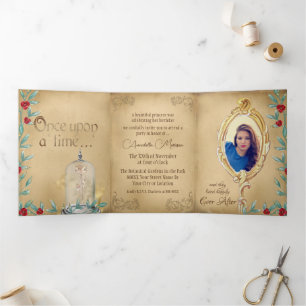 Convite Com Dobra Tripla Beleza e conto de fadas da Besta