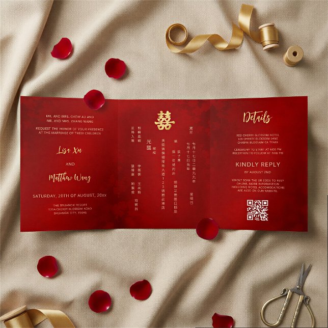 Convite Com Dobra Tripla BILÍNGUE Casamento Dourado Vermelho Chinês (Criador carregado)