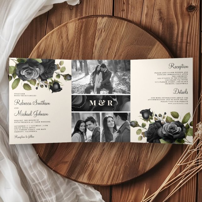 Convite Com Dobra Tripla Black Roses Floral Photo Collage Cream Wedding (Criador carregado)