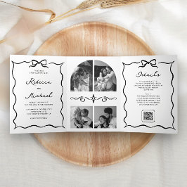 Convite Com Dobra Tripla Black & White Hand Drawn Bow QR Code Photo Wedding