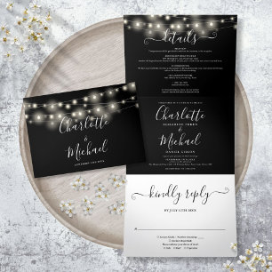 Convite Com Dobra Tripla Black White String Lights Script Casamento Monogra