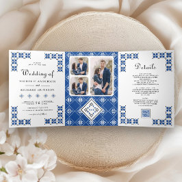 Convite Com Dobra Tripla Blue Black Ukrainian Embroidery QR Code Wedding