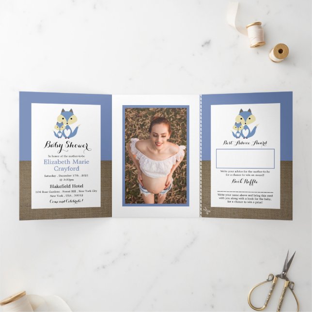 Convite Com Dobra Tripla Blue Fox Burlap, Suite de Chás de fraldas (Dentro)