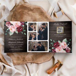 Convite Com Dobra Tripla Blush Pink Burgundy Floral Código QR Casamento de 