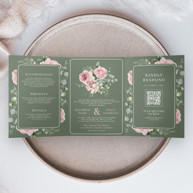 Convite Com Dobra Tripla Blush Pink Floral Eucalyptus Sage Green Wedding (Criador carregado)