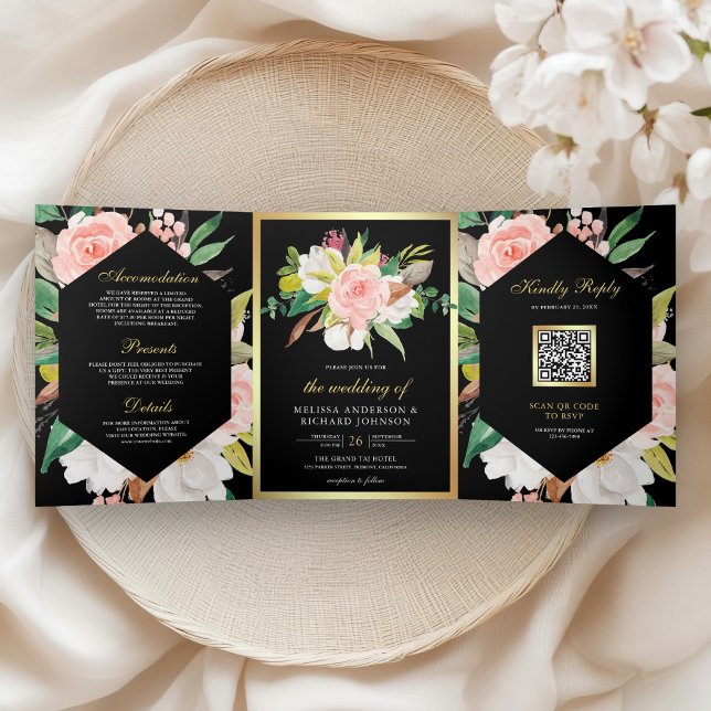 Convite Com Dobra Tripla Blush Pink Floral Gold QR Code Black Wedding (Criador carregado)