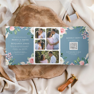 Convite Com Dobra Tripla Blush Rosa Floral Código QR Casamento Dusty Azul