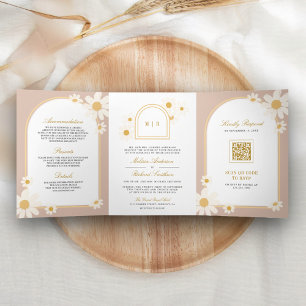 Convite Com Dobra Tripla Boho Bege Amarelo Retro Margarida Casamento Tudo e