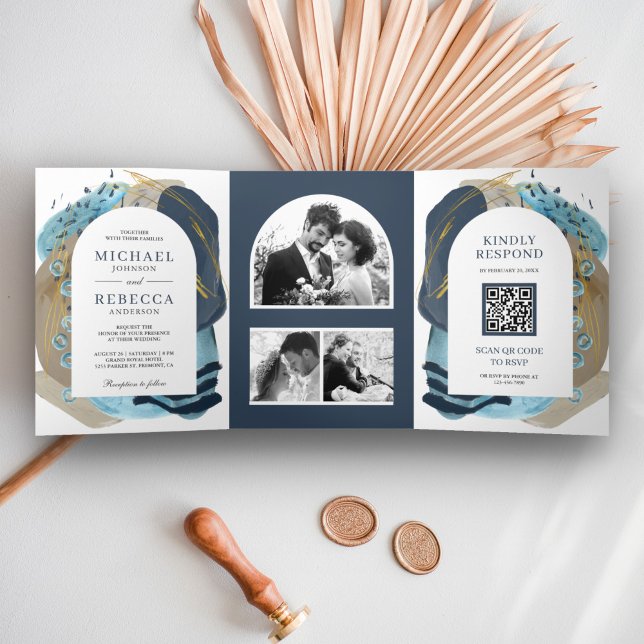 Convite Com Dobra Tripla Boho Bege Azul Marinho Pinceladas Código QR Casame (Criador carregado)