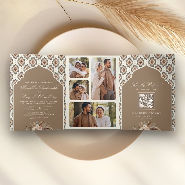 Convite Com Dobra Tripla Boho Beige Ivory Ikat Foto Colagem Indiana (Criador carregado)
