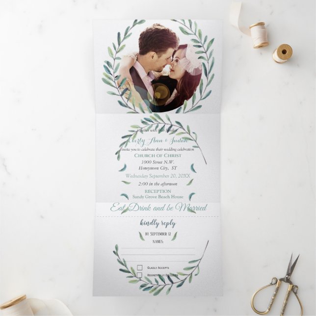 Convite Com Dobra Tripla Boho Blue e Green Wreath Weding (Dentro)