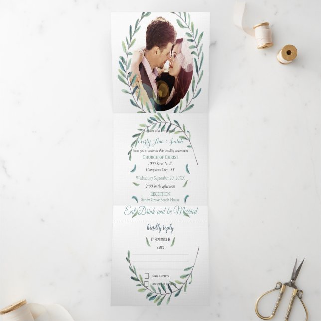 Convite Com Dobra Tripla Boho Blue e Green Wreath Weding (Dentro)