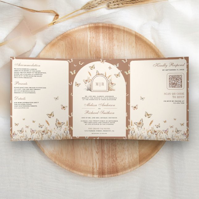 Convite Com Dobra Tripla Boho Cream Beige Wildflower Arch Casamento (Criador carregado)