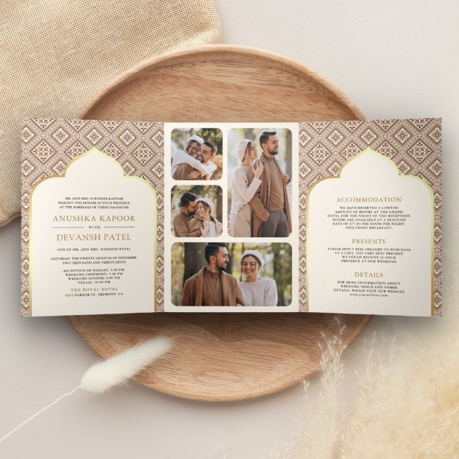 Convite Com Dobra Tripla Boho Creme Geométrico Tudo em Um Casamento Indiano (Criador carregado)