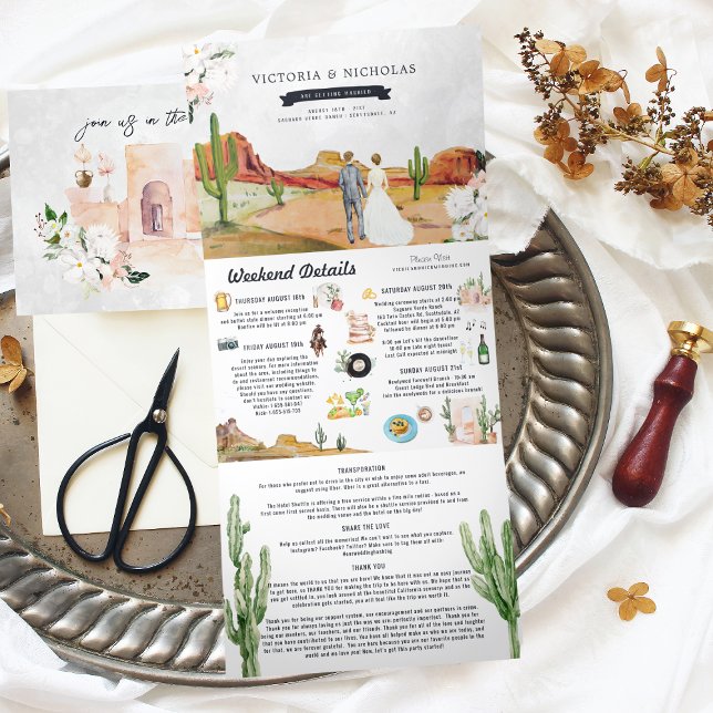 Convite Com Dobra Tripla Boho Desert Cactus | Casamento Ilustrado (Criador carregado)