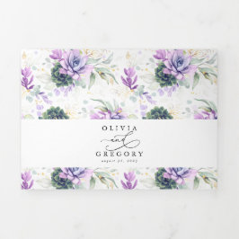 Convite Com Dobra Tripla Boho Elegante Roxo Suculenta Casamento Verde