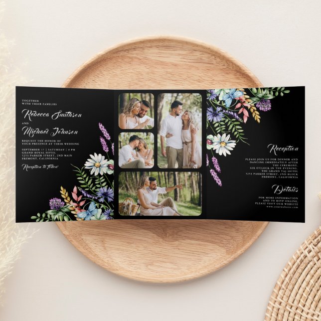 Convite Com Dobra Tripla Boho Foto de Flor Silvestre Tudo em Um Casamento P (Criador carregado)
