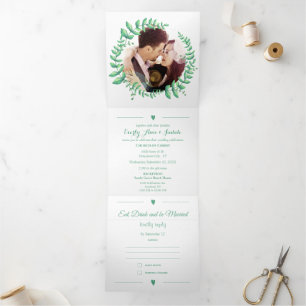 Convite Com Dobra Tripla Boho Green Leaf Mint Green Ash Wreath Casamento