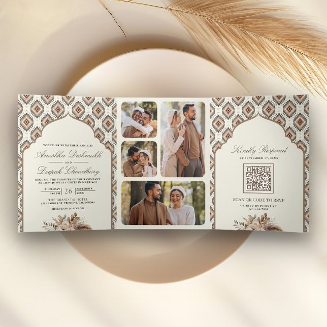 Convite Com Dobra Tripla Boho Ivory Beige Ikat Foto Colagem Indiana (Criador carregado)