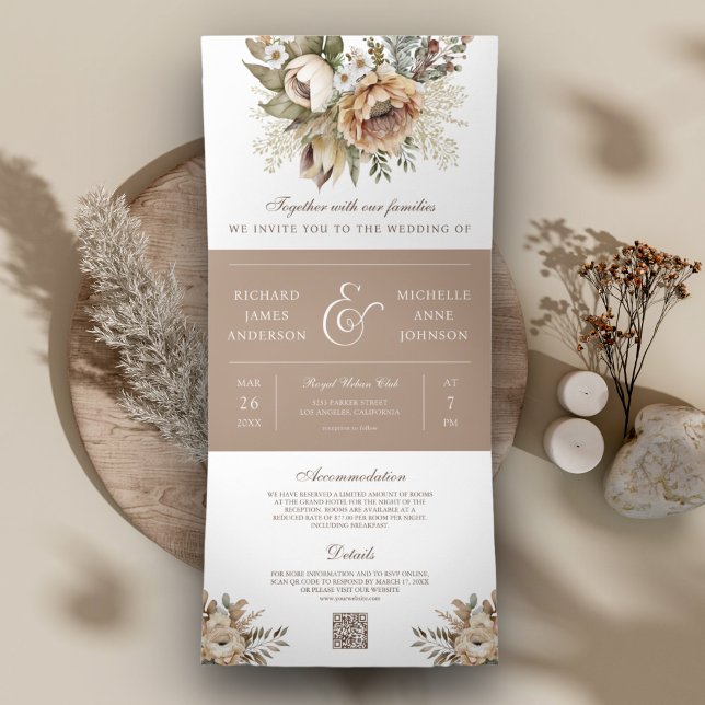 Convite Com Dobra Tripla Boho Neutral Terrestre Floral Código QR Casamento (Criador carregado)