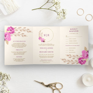 Convite Com Dobra Tripla Boho Orquídea Rosa Floral Tudo Em Um Casamento Mar