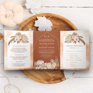 Convite Com Dobra Tripla Boho Pampas Abóbora Floral Terracota Casamento de