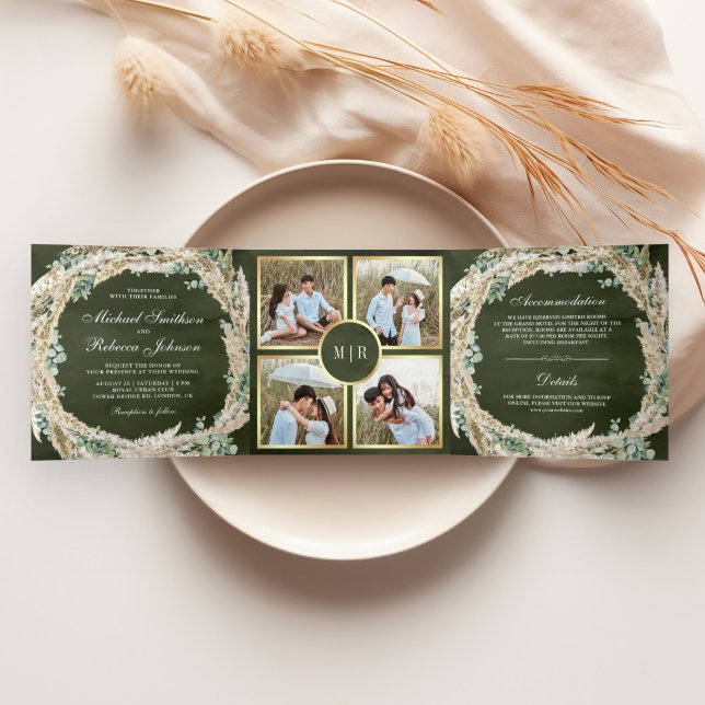 Convite Com Dobra Tripla Boho Pampas Eucalyptus Wreath Sage Casamento Verde (Criador carregado)