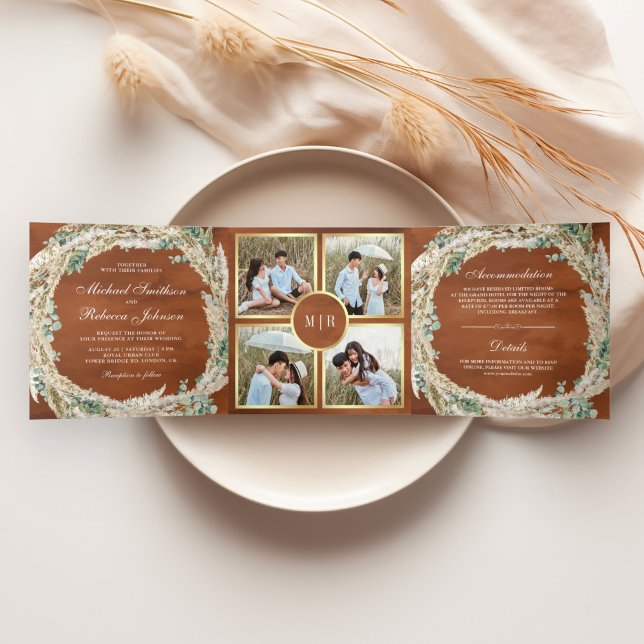 Convite Com Dobra Tripla Boho Pampas Eucalyptus Wreath Terracotta Casamento (Criador carregado)