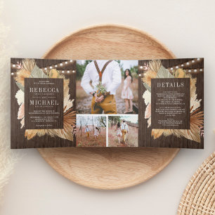 Convite Com Dobra Tripla Boho Pampas Madeira de Palma Seca Colagem de Fotos