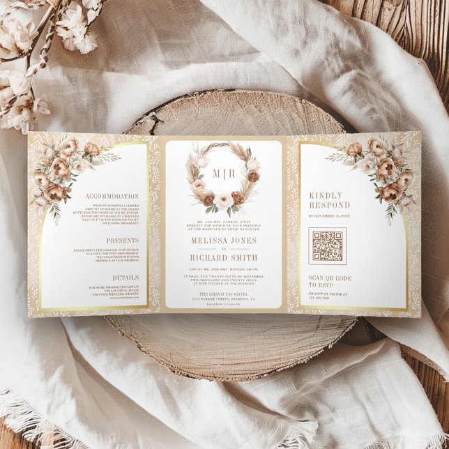 Convite Com Dobra Tripla Boho Pampas Neutral Beige Earthy Casamento Floral (Criador carregado)