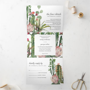 CONVITE COM DOBRA TRIPLA BOHO PINK FLORAL CACTI FOLIAGE WATERCOLOR WEDTING