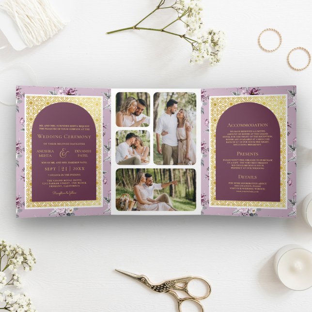 Convite Com Dobra Tripla Boho Roxo Floral Combinado Dourado Casamento India (Criador carregado)
