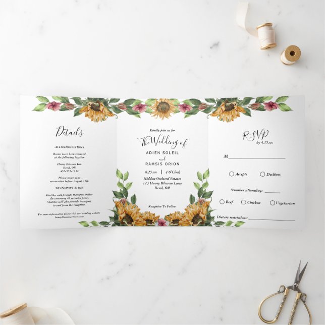 Convite Com Dobra Tripla Boho Sunflower Rustic Wildflower Weding (Dentro)