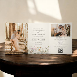 Convite Com Dobra Tripla Boho Wildflower Beige All in One QR Code Wedding