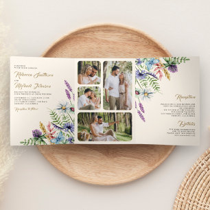 Convite Com Dobra Tripla Boho Wildflower Foto Creme Tudo em Um Casamento