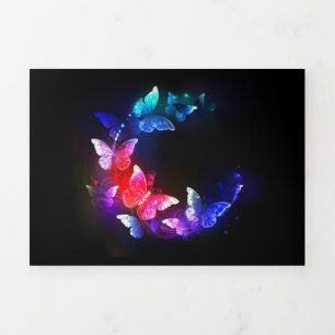 Convite Com Dobra Tripla Borboletas Neon Night brilhantes sobre fundo preto