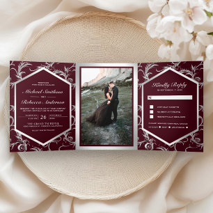 Convite Com Dobra Tripla Bordô Prata Florescer Redemoinho Foto de Casamento