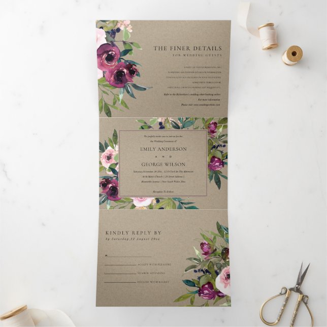 CONVITE COM DOBRA TRIPLA BRILHO BLUSH BURGUNDY KRAFT FLORAL BUNCH CASAMENTO (Dentro)