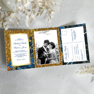 Convite Com Dobra Tripla Brilho Dourado Azul Real Mármore Foto Casamento