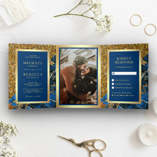 Convite Com Dobra Tripla Brilho Dourado Azul Real Mármore Foto Casamento