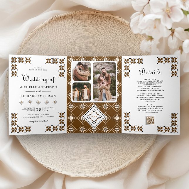 Convite Com Dobra Tripla Brown Black Ukrainian Embroidery QR Code Wedding (Criador carregado)