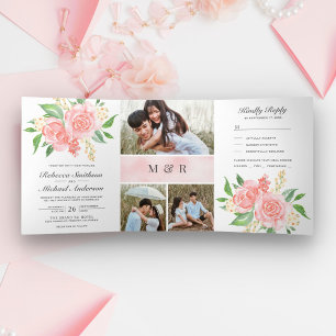 Convite Com Dobra Tripla Buquê de Rosas Rosa Bege Fotografia Colagem Casame