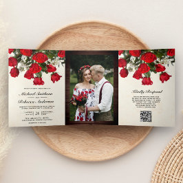 Convite Com Dobra Tripla Buquê de Rosas Vermelhas Rústicas Foto Código QR C