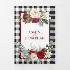 Convite Com Dobra Tripla Burgundy e White Roses, Casamento de Xadrezes de B