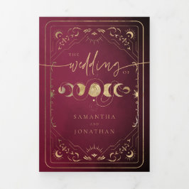 Convite Com Dobra Tripla Burgundy & Faux Gold Tarot Celestial Wedding