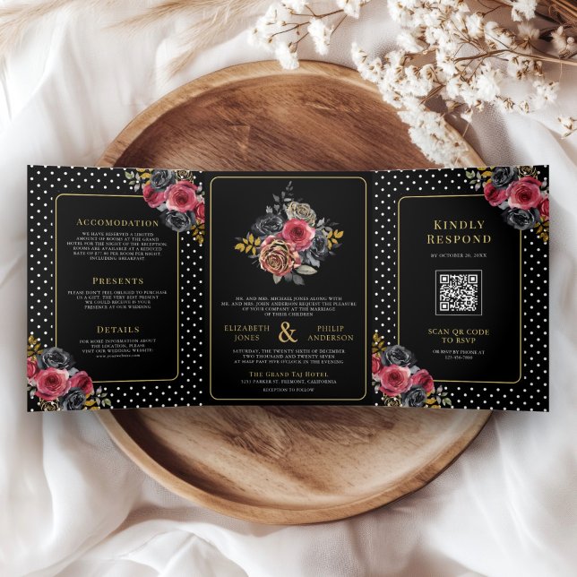 Convite Com Dobra Tripla Burgundy Floral Rosas Todos em Um Casamento Negro (Criador carregado)