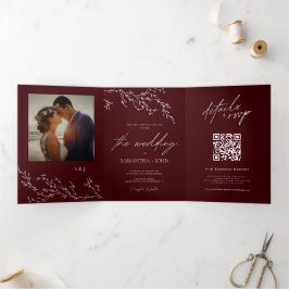 Convite Com Dobra Tripla Burgundy & Ivory Botanical Elegant Wedding